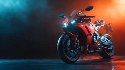 A red motorcycle under blue and orange neon lights.