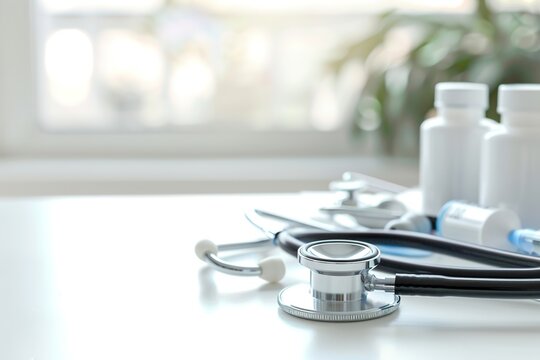Medical concept with stethoscope and bottles on desk