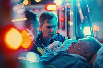 Obraz premium Paramedics attend to patient in ambulance