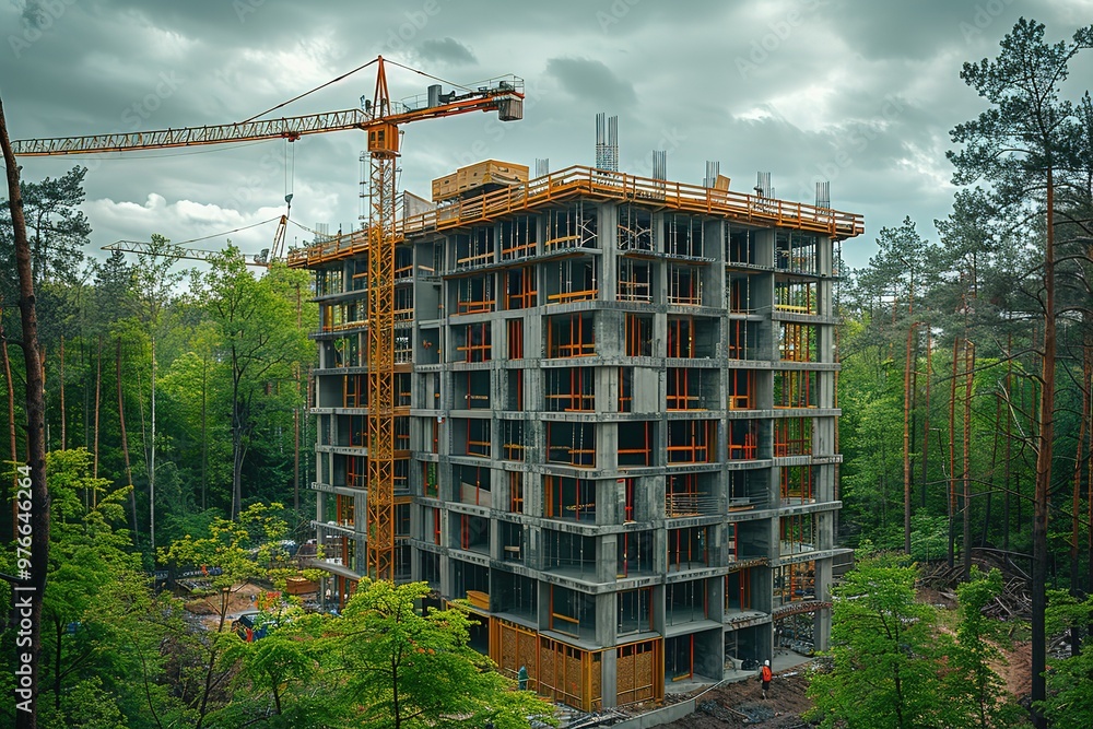 Poster a large building under construction with a crane in the background