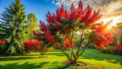 Vibrant sumac leaves radiate color amidst the soothing calm of soft green grass, dappled sunlight dancing through the
