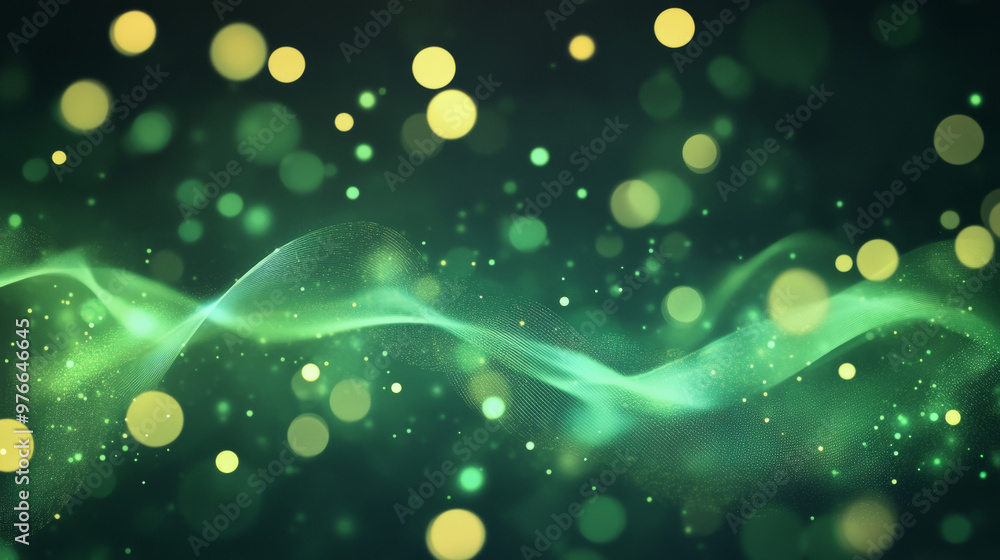 Poster abstract background featuring green energy lines and cyclic circles, enhanced with magical bokeh eff