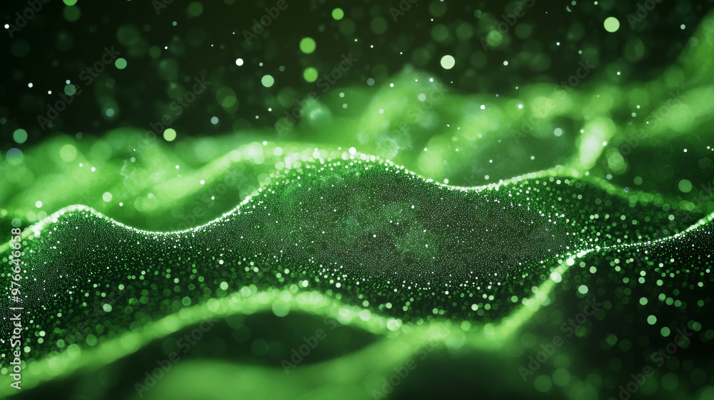 Poster abstract background featuring green energy lines and cyclic circles, enhanced with magical bokeh eff