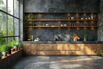 A kitchen with a large window and shelves full of dishes