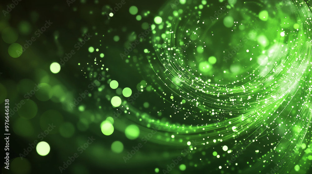 Poster abstract background featuring green energy lines and cyclic circles, enhanced with magical bokeh eff