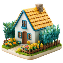 Naklejka premium Charming Clay Cottage with Lush Garden and Vibrant Foliage Illustration