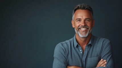 Fototapeta premium A middle-aged man with grey hair and a beard smiles at the camera.