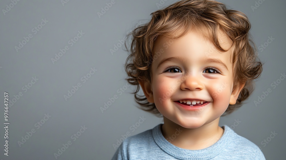 Poster A baby with curly brown hair beams at the camera.