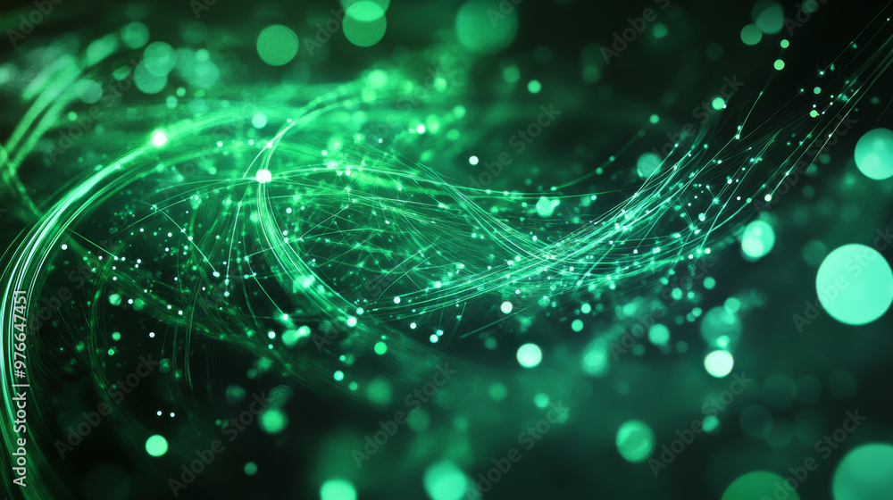 Poster abstract background featuring green energy lines and cyclic circles, enhanced with magical bokeh eff