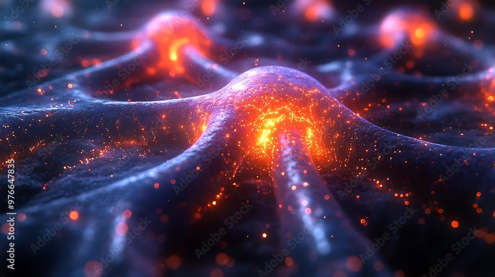 Poster abstract glowing neural network with red and blue tones.
