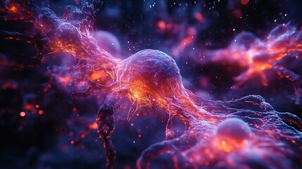 Abstract 3D rendering of a neuron with glowing dendrites, showcasing its intricate structure.