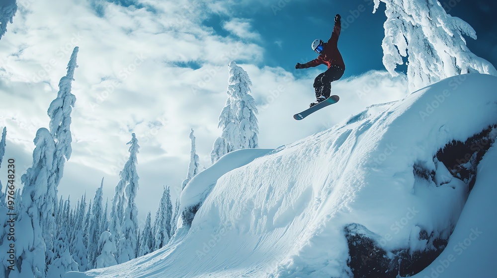 Canvas Prints A snowboarder jumps off a rock face and into the snow.