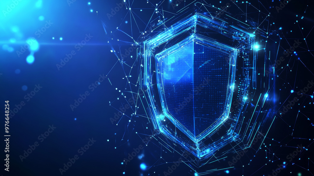 Poster geometric dome shield on a blue background, featuring a futuristic glowing 3d sphere. includes techn