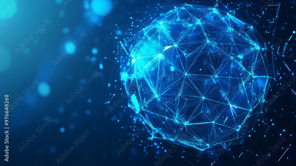 Poster geometric dome shield on a blue background, featuring a futuristic glowing 3d sphere. includes techn