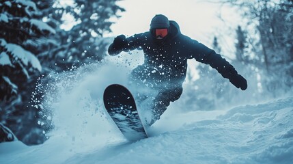 Naklejka premium A snowboarder rides through a snowy forest.