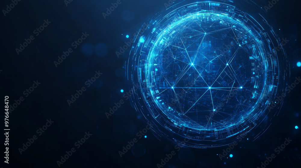 Poster geometric dome shield on a blue background, featuring a futuristic glowing 3d sphere. includes techn