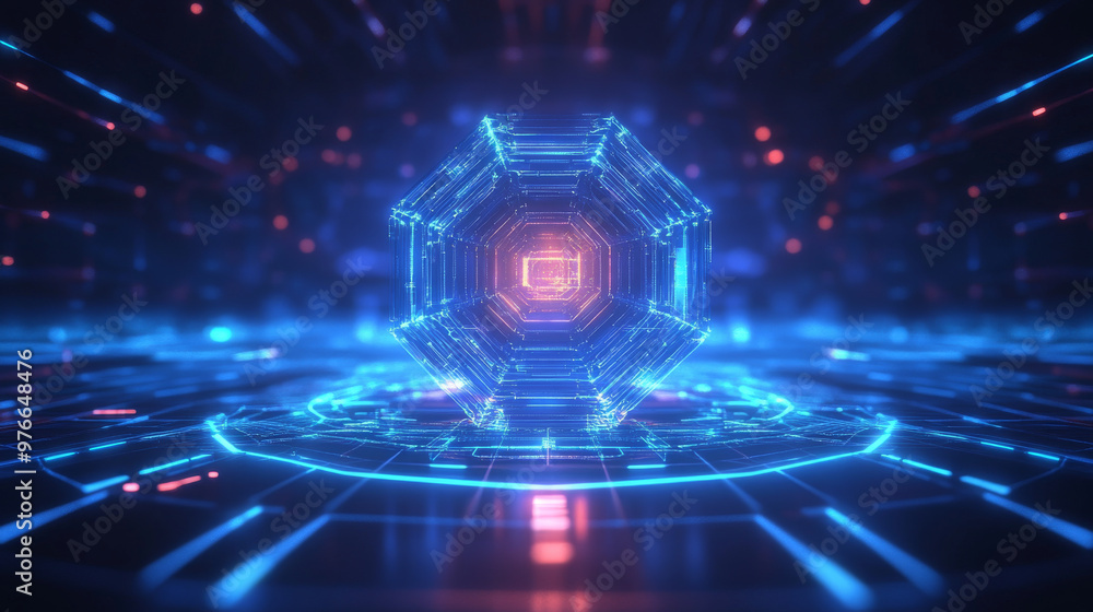 Poster geometric dome shield on a blue background, featuring a futuristic glowing 3d sphere. includes techn