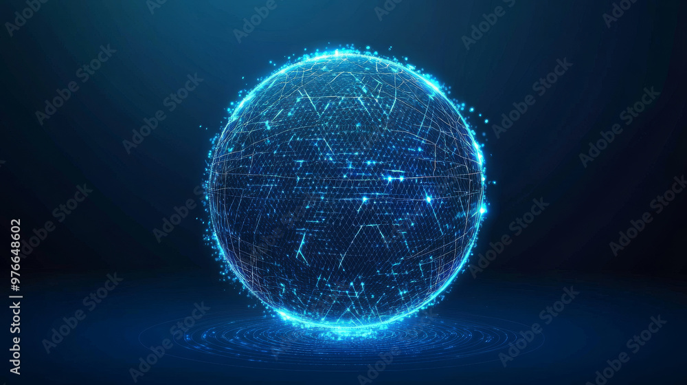 Poster geometric dome shield on a blue background, featuring a futuristic glowing 3d sphere. includes techn