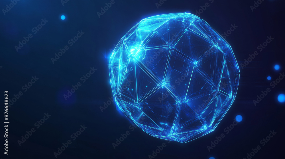 Poster geometric dome shield on a blue background, featuring a futuristic glowing 3d sphere. includes techn