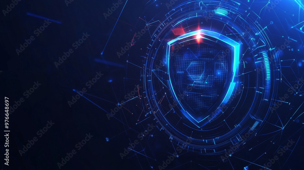 Poster geometric dome shield on a blue background, featuring a futuristic glowing 3d sphere. includes techn