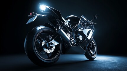 A black motorcycle with blue lighting.