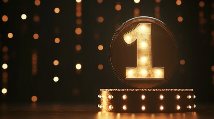 A gold number one on a podium with golden confetti.