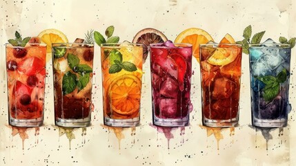 Vintage Engraved Cold Beverages & Cocktails Collection - Hand-Drawn Sketches for Posters, Menus, and Logos on White Background