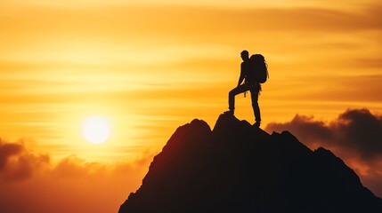A hiker stands on a mountain peak with a backpack and admires the sunset.
