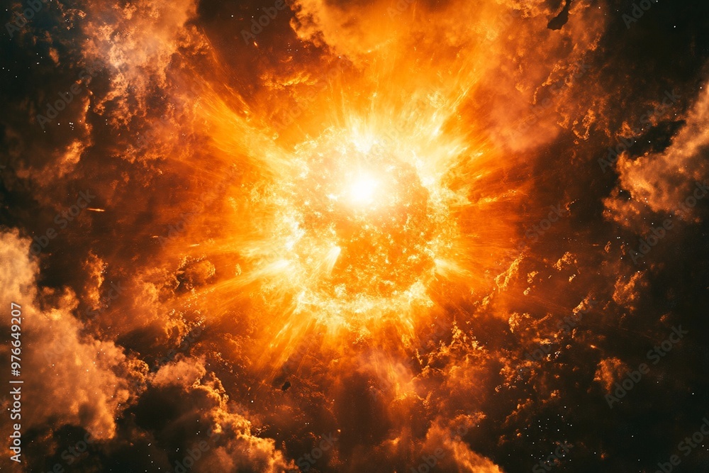 Sticker a fiery explosion erupts in the depths of space, illuminating the surrounding clouds with intense li