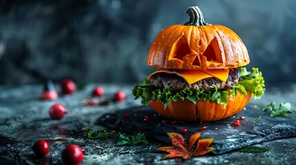 A creative Halloween burger made with a carved pumpkin top.