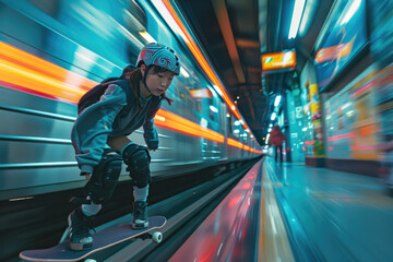 Obraz premium Young people skateboarding on the streets of the city