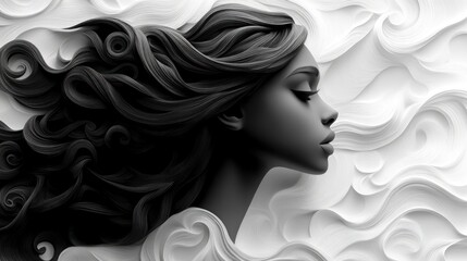 Profile of a woman with flowing hair against a textured background.