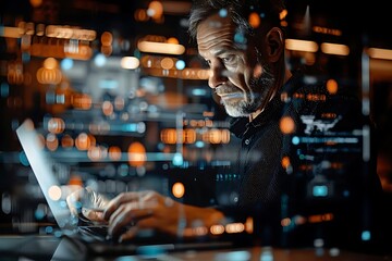A man working intently on a laptop amidst digital data visuals.