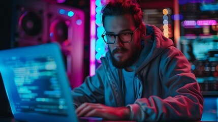 Obraz premium A focused individual working on a laptop in a vibrant tech environment.