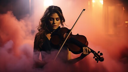 Fototapeta premium A young woman plays the violin amidst colorful smoke.