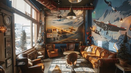 Vintage Airplane Mural Decorated Lounge Interior with Leather Furniture