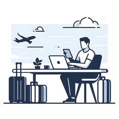 Fototapeta premium Workaholic digital nomad, freelancer, work on the go, flat illustration, graphics resources, social media, web banner