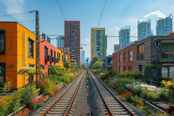 Fototapeta premium A train tracks run through a city with colorful houses and a green garden