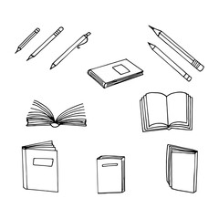 books and pencils set icon. sketch hand drawn doodle style. vector, minimalism, monochrome. library, learning reading