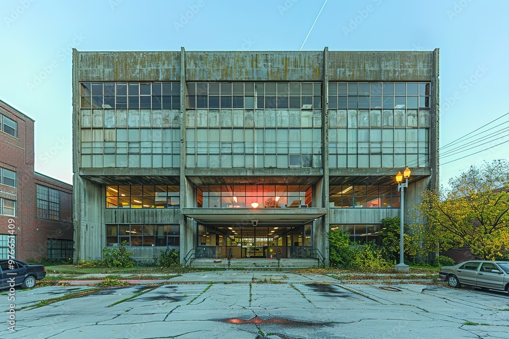 Poster a large building with a lot of windows and a red light on the front