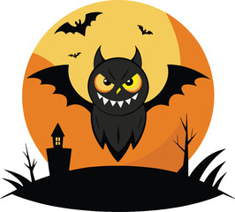 A spooky Halloween scene featuring a cartoonish, bat-like creature with sharp teeth