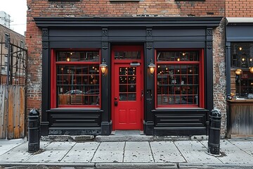 A black and red storefront with a red door