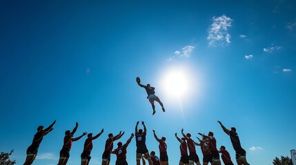 A rugby team performs a lineout during a game.