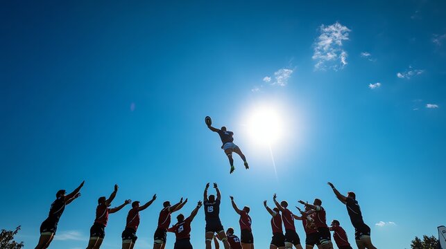 A rugby team performs a lineout during a game. - Powered by Adobe