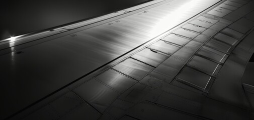 Close-up of airplane wings showcasing metal texture with prominent rivets and industrial design.