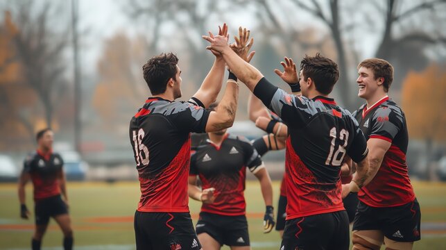 A rugby team celebrates a victory by raising their arms in the air. - Powered by Adobe