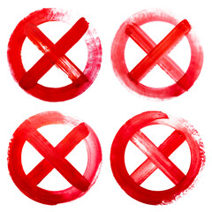 Obraz premium red caution warning stop danger prohibition no entry symbol, diagonal cross mark inside a thin circle, brush strokes watercolor ink transparent background.