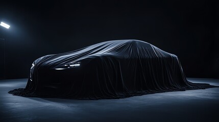 A sleek black car is covered in a black sheet under a spotlight in a dark space.