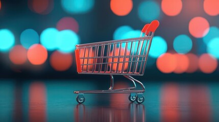 Black Friday night with illuminated online cart, Hot Deals flashing, dynamic urban backdrop, retail rush atmosphere, online discount shopping