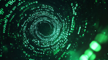 Green abstract matrix vortex background with a dynamic spiral of binary code. Illustrates programming, coding, and hacker themes, with binary numbers swirling in a sci-fi vector design.
